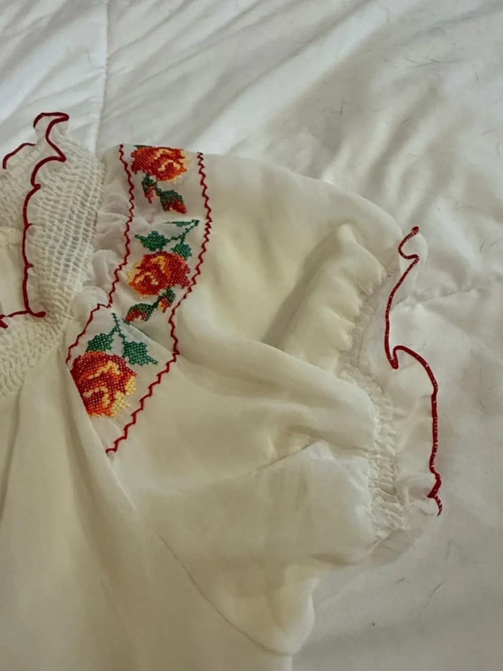 Isabella Rodriguez Cream Peasant Blouse with Red and Green Embroidery - Picture 2 of 5
